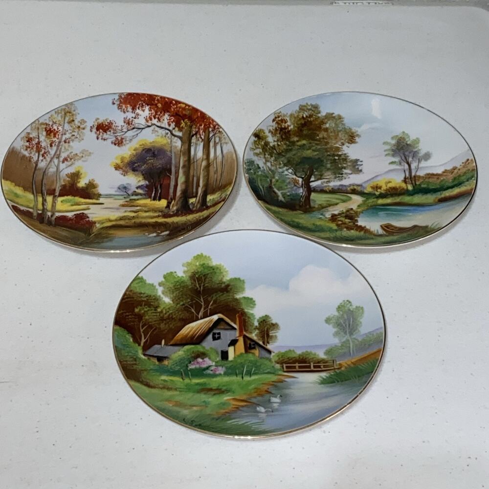 SHOFU China Made in Occupied Japan Plates Set 3 Farm Country Hand Painted 7.5”
